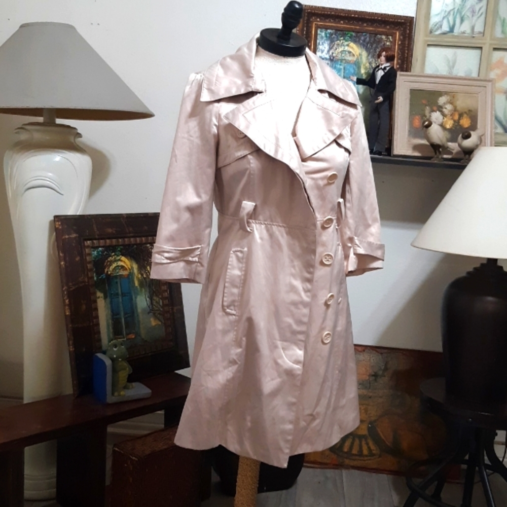Bebe Satin Trench Coat Women’s Blush Pink Double Breasted Mid Length Belted XS